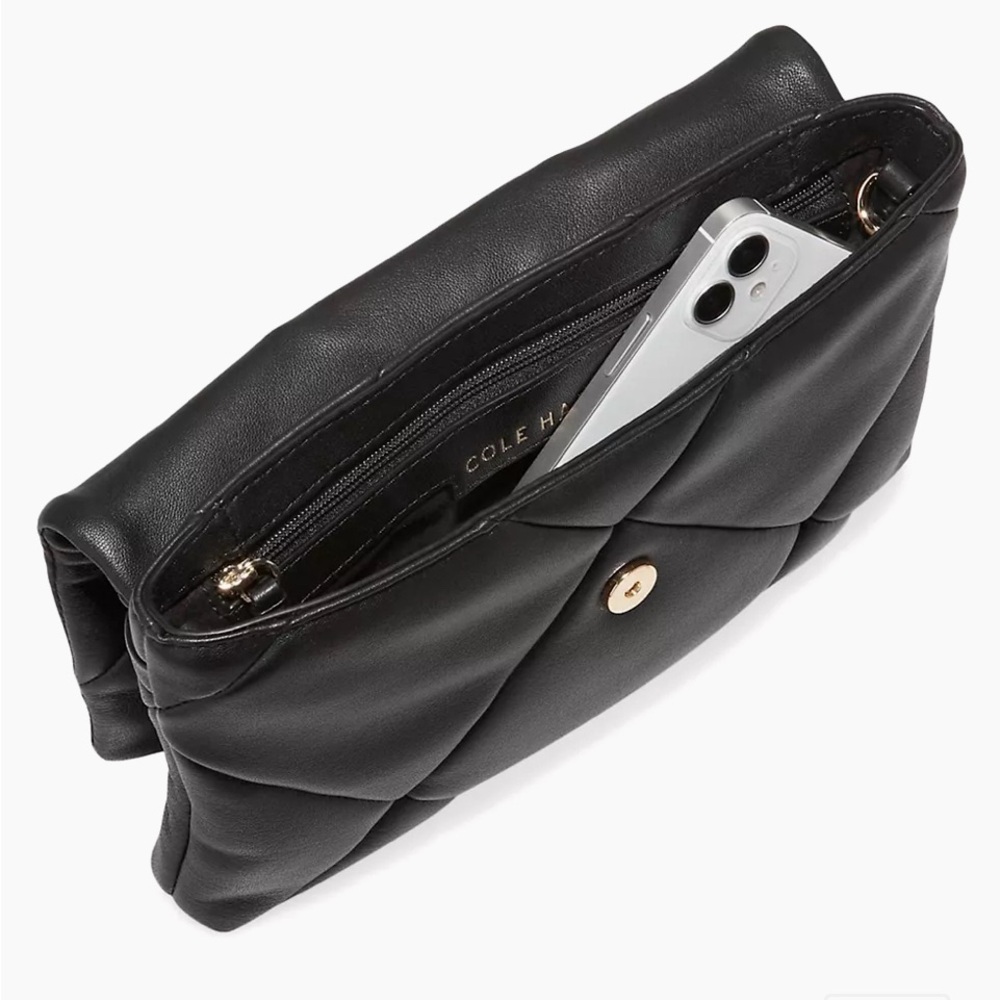 Cole Haan Crystal Quilt Leather Clutch Crossbody Black W Chain Strap - Picture 4 of 13